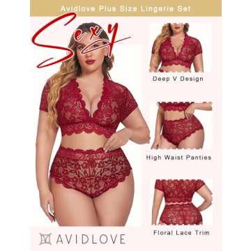 Avidlove Plus Size Lingerie Plus Floral Lace Scallop Trim Lingerie Set Deep V Allover Lace Bra Panti...