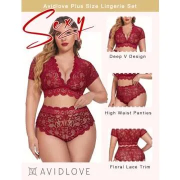 Avidlove Plus Size Lingerie Plus Floral Lace Scallop Trim Lingerie Set Deep V Allover Lace Bra Panti...