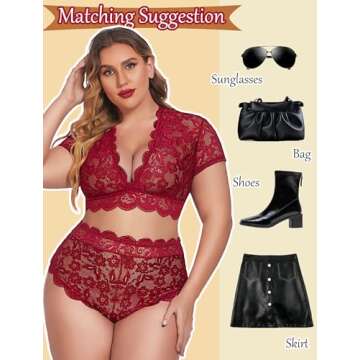 Avidlove Plus Size Lingerie Plus Floral Lace Scallop Trim Lingerie Set Deep V Allover Lace Bra Panties Set Sexy Clubwear (22W, 1 Wine Red)
