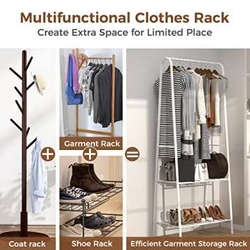 JEROAL Clothing Garment Rack, Coat Organizer Storage Shelving Unit, Entryway Storage Shelf with 2-Tier Metal Shelf, White