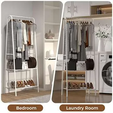JEROAL Clothing Garment Rack, Coat Organizer Storage Shelving Unit, Entryway Storage Shelf with 2-Tier Metal Shelf, White