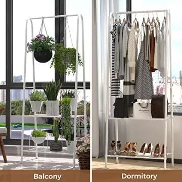 JEROAL Clothing Garment Rack, Coat Organizer Storage Shelving Unit, Entryway Storage Shelf with 2-Tier Metal Shelf, White