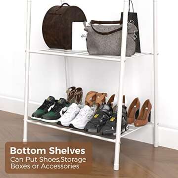 JEROAL Clothing Garment Rack, Coat Organizer Storage Shelving Unit, Entryway Storage Shelf with 2-Tier Metal Shelf, White