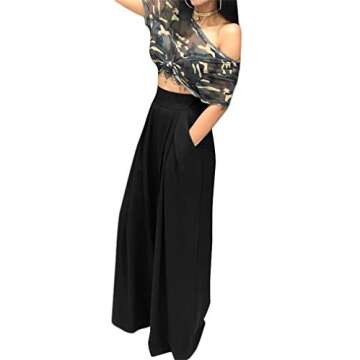 LROSEY Women Summer Casual Stretchy Solid Color High Waisted Wide Leg Palazzo Pants with Pockets