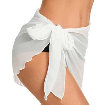 Swimsuit Coverups for Women Sarong Beach Bikini Wrap Sheer Short Skirt Chiffon Scarf for Swimwear (White,M)