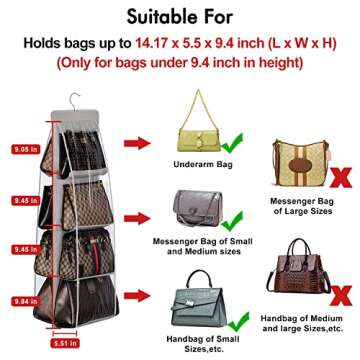 Lirex 8-Pocket Hanging Purse Organizer for Closet - Oxford Cloth Storage System with Double Layer Protection, Grey