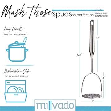 Millvado Potato Masher Stainless Steel, Best Mashed Potatoes Masher Kitchen Tool, Potato Smasher For...