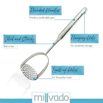 Millvado Potato Masher Stainless Steel, Best Mashed Potatoes Masher Kitchen Tool, Potato Smasher For Potatoe, Avocado, Sweet Potato, Beans, Large Heavy Duty Metal Mashing Utensil, 12.5 Inch