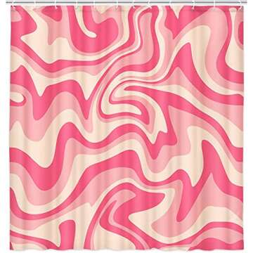 Aesthetic 70S Abstract Wavy Swirl Shower Curtain, Cute Pink Beige Bath Curtain, Aesthetic Retro Mini...