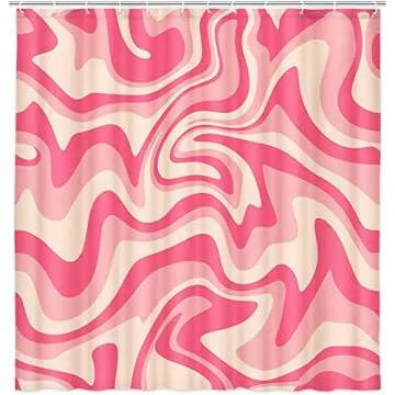 Aesthetic 70S Abstract Wavy Swirl Shower Curtain, Cute Pink Beige Bath Curtain, Aesthetic Retro Mini...