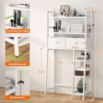 Homykic Over The Toilet Storage Shelf with 2 Fabric Drawers, Bamboo Above Toilet Organizer Tower Rack with Toilet Paper Holder Stand, Bathroom Space Saver, Mass Storage, No Rust, White