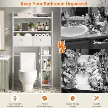 Homykic Over The Toilet Storage Shelf with 2 Fabric Drawers, Bamboo Above Toilet Organizer Tower Rack with Toilet Paper Holder Stand, Bathroom Space Saver, Mass Storage, No Rust, White