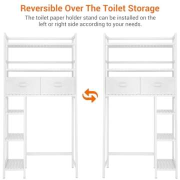 Homykic Over The Toilet Storage Shelf with 2 Fabric Drawers, Bamboo Above Toilet Organizer Tower Rack with Toilet Paper Holder Stand, Bathroom Space Saver, Mass Storage, No Rust, White