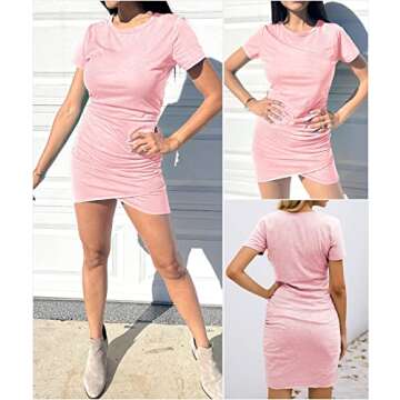 BTFBM Women's 2025 Summer Casual Beach Dresses Crew Neck Short Sleeve Wrap Party Club Mini Ruched Bodycon T Shirt Dress(104Pink, Medium)
