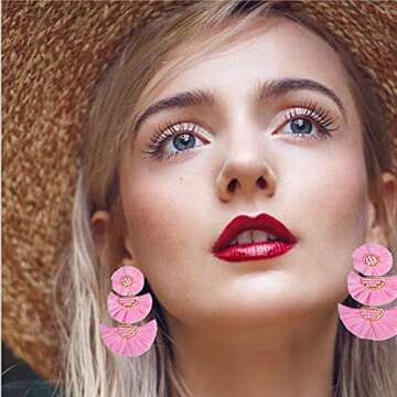 Statement Earrings Beaded Raffia Palm Bohemian Drop Dangle Earrings for women