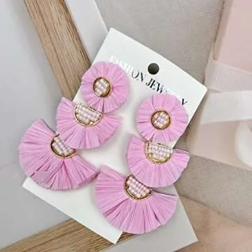 Statement Earrings Beaded Raffia Palm Bohemian Drop Dangle Earrings for women