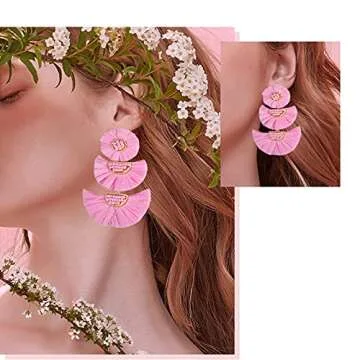 Statement Earrings Beaded Raffia Palm Bohemian Drop Dangle Earrings for women