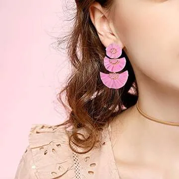 Statement Earrings Beaded Raffia Palm Bohemian Drop Dangle Earrings for women