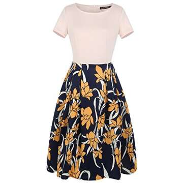 oxiuly Women's Elegant Floral Flare Knee Length Vintage Dress Evening Dinner Party Casual Swing Dresses with Pockets OX336 (S, Beige)