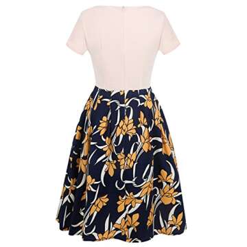 oxiuly Women's Elegant Floral Flare Knee Length Vintage Dress Evening Dinner Party Casual Swing Dresses with Pockets OX336 (S, Beige)