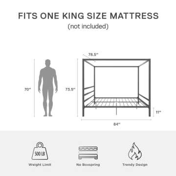 DHP King Metal Canopy Bed, Modern Design with Built-In Headboard, Sturdy Frame, No Box Spring Needed...