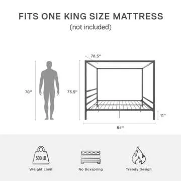 DHP King Metal Canopy Bed, Modern Design with Built-In Headboard, Sturdy Frame, No Box Spring Needed...