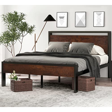 SHA CERLIN 14 Inch Queen Size Metal Platform Bed Frame with Wooden Headboard and Footboard, Mattress...