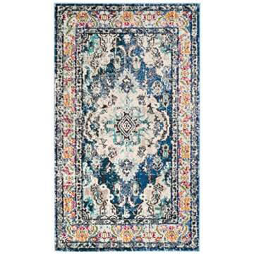 SAFAVIEH Monaco Collection Accent Rug - 3' x 5', Navy & Light Blue, Medallion Distressed Design, Non...