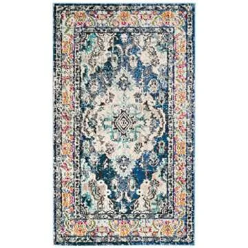 SAFAVIEH Monaco Collection Accent Rug - 3' x 5', Navy & Light Blue, Medallion Distressed Design, Non...