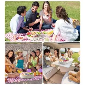 Divided Rotating Serving Tray with Lid and Handle, Portable Snackle Box for Fruits Snacks Veggie Charcuterie, Clear Snack Spinner Organizer and Fridge Storage Container for Adults Child (1PCS,12" L