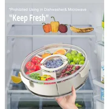 Divided Rotating Serving Tray with Lid and Handle, Portable Snackle Box for Fruits Snacks Veggie Charcuterie, Clear Snack Spinner Organizer and Fridge Storage Container for Adults Child (1PCS,12" L