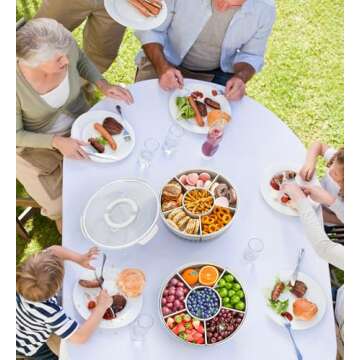 Divided Rotating Serving Tray with Lid and Handle, Portable Snackle Box for Fruits Snacks Veggie Charcuterie, Clear Snack Spinner Organizer and Fridge Storage Container for Adults Child (1PCS,12" L