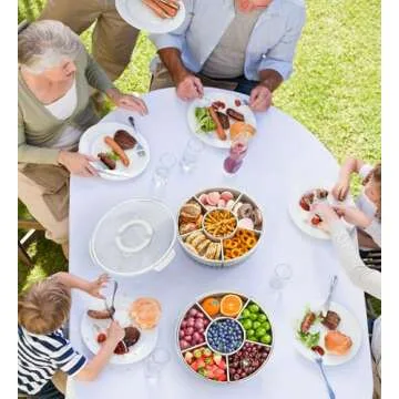 Divided Rotating Serving Tray with Lid and Handle, Portable Snackle Box for Fruits Snacks Veggie Charcuterie, Clear Snack Spinner Organizer and Fridge Storage Container for Adults Child (1PCS,12" L