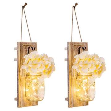 HAchoo Rustic Mason Jar Candle Decorative Home Wall Decor - Living Decoration,Vintage Wrought Iron Hooks, Silk Hydrangea Flower Farmhouse Decor for Home Kitchen Decoration with 6 Hours Timer