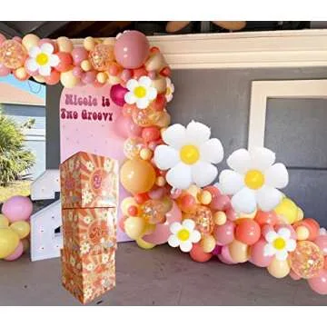 Daisy Groovy Party Balloons Decorations, Boho 60S 70S 139 pcs Set of Groovy Theme Retro Nude Pink Red Confetti Balloons Daisy Mylar Balloon, You Are Groovy Party Boxes for Birthday Party Supplies