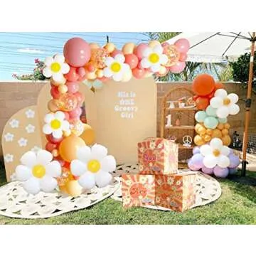 Daisy Groovy Party Balloons Decorations, Boho 60S 70S 139 pcs Set of Groovy Theme Retro Nude Pink Red Confetti Balloons Daisy Mylar Balloon, You Are Groovy Party Boxes for Birthday Party Supplies