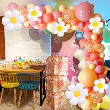 Daisy Groovy Party Balloons Decorations, Boho 60S 70S 139 pcs Set of Groovy Theme Retro Nude Pink Red Confetti Balloons Daisy Mylar Balloon, You Are Groovy Party Boxes for Birthday Party Supplies