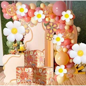 Daisy Groovy Party Balloons Decorations, Boho 60S 70S 139 pcs Set of Groovy Theme Retro Nude Pink Red Confetti Balloons Daisy Mylar Balloon, You Are Groovy Party Boxes for Birthday Party Supplies