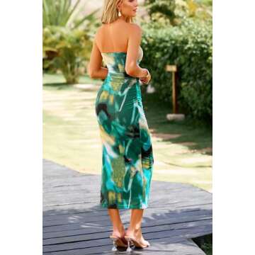 PRETTYGARDEN Women's Summer Maxi Bodycon Dresses Strapless Tube Top Printed Long Party Club Slit Dress (Print Green,Small)