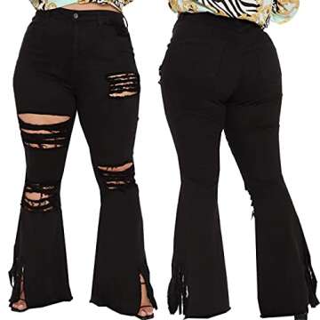 Womens Plus Size Bell Bottom Jeans with Ripped Detailing