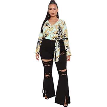 Womens Plus Size Bell Bottom Jeans with Ripped Detailing