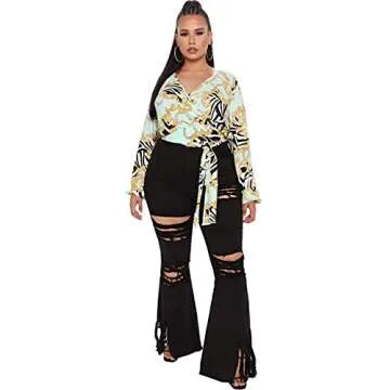 Womens Plus Size Bell Bottom Jeans with Ripped Detailing