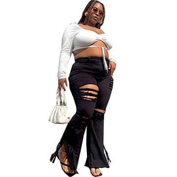 Womens Plus Size Bell Bottom Jeans with Ripped Detailing