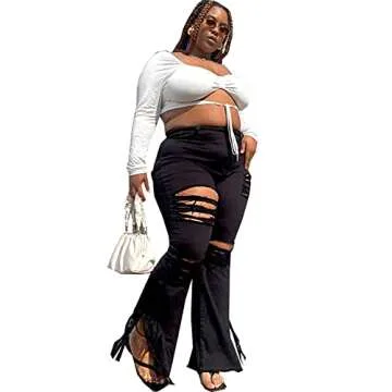 Womens Plus Size Bell Bottom Jeans with Ripped Detailing