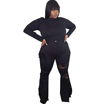 Womens Plus Size Bell Bottom Jeans with Ripped Detailing