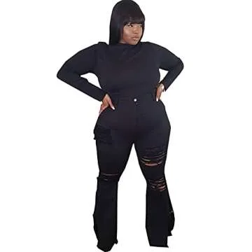 Womens Plus Size Bell Bottom Jeans with Ripped Detailing
