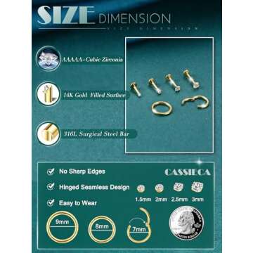 CASSIECA 14K Gold Filled Flat Back Nose Studs For Women Men Hypoallergenic Surgical Steel Nose Rings Hoops- Threadless Flat Back Earrings Helix Cartilage Tragus Conch CZ Stud Labret Lip Nostril Septum Ring Body Piercing Jewelry 20G 18G 16G