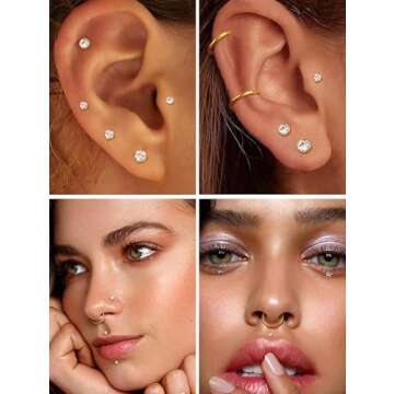 CASSIECA 14K Gold Filled Flat Back Nose Studs For Women Men Hypoallergenic Surgical Steel Nose Rings Hoops- Threadless Flat Back Earrings Helix Cartilage Tragus Conch CZ Stud Labret Lip Nostril Septum Ring Body Piercing Jewelry 20G 18G 16G