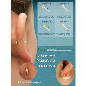 CASSIECA 14K Gold Filled Flat Back Nose Studs For Women Men Hypoallergenic Surgical Steel Nose Rings Hoops- Threadless Flat Back Earrings Helix Cartilage Tragus Conch CZ Stud Labret Lip Nostril Septum Ring Body Piercing Jewelry 20G 18G 16G