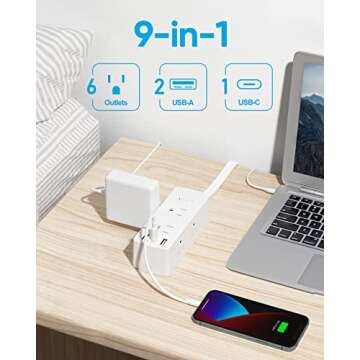 Flat Extension Cord 20ft, Olcorife Flat Plug Power Strip with 6 Outlets 3 USB Ports(1 USB C), 3-Side...